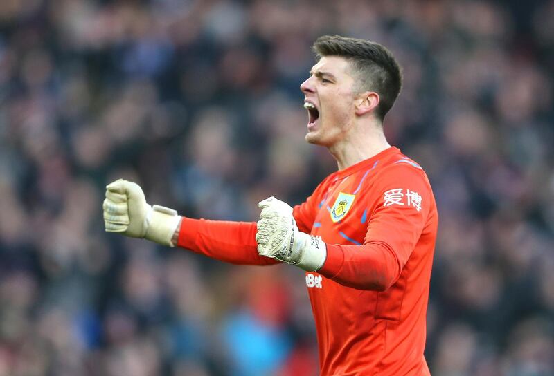 BURNLEY, ENGLAND - JANUARY 19: Nick Pope of Burnley celebrates his side second goal during the Premier League match between Burnley FC and Leicester City at Turf Moor on January 19, 2020 in Burnley, United Kingdom. (Photo by Nigel Roddis/Getty Images)