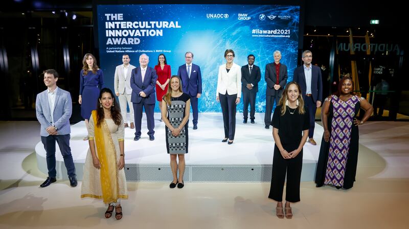 Ten community organisations were honoured at the Germany pavilion at Expo 2020 for their intercultural work. Photo: UNAOC / BMW