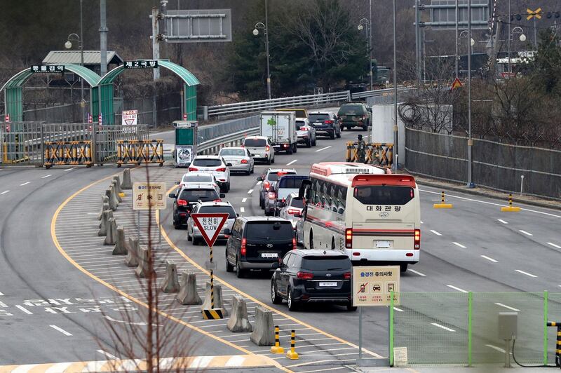Vehicles carrying South Korean officials of the inter-Korean liaison office head to North Korea's border city of Kaesong at a border checkpoint, just south of the Demilitarized zone dividing the two Koreas, in Paju on March 25, 2019. North Korea has returned its staff to an inter-Korean liaison office, Seoul said on March 25, just days after unilaterally withdrawing from the joint facility. -  - South Korea OUT / REPUBLIC OF KOREA OUT  NO ARCHIVES  RESTRICTED TO SUBSCRIPTION USE    
 / AFP / YONHAP / - / REPUBLIC OF KOREA OUT  NO ARCHIVES  RESTRICTED TO SUBSCRIPTION USE    
