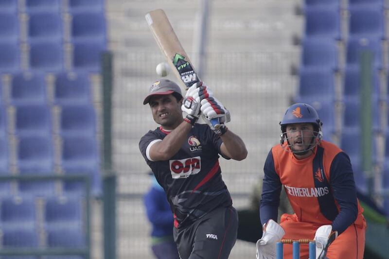 Shaiman Anwar, pictured in action against the Netherlands last year was one of two UAE batsmen to offer some resistance. Jeffrey E Biteng / The National
