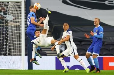 Dele Alli of Tottenham Hotspur scores their team's first goal with a overhead kick during the UEFA Europa League match between Tottenham Hotspur and Wolfsberger AC. Getty Images