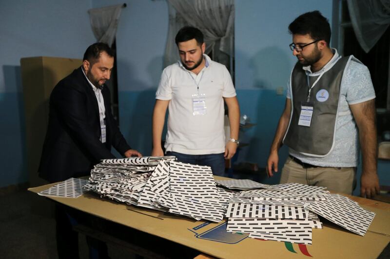 Kurdish employees empty a ballot box to start counting the votes, during parliamentary elections in the semi-autonomous region in Duhok, Iraq September 30, 2018. REUTERS/Ari Jalal