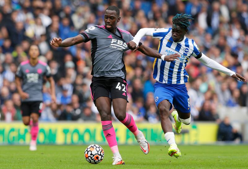 Leicester's Boubakary Soumare is challenged by Yves Bissouma of Brighton. Getty