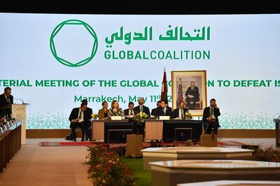 Moroccan and American diplomats at a meeting of the global anti-ISIS coalition in Marrakech this week. EPA 