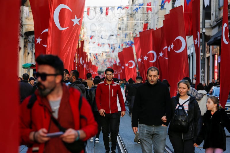 Istanbul's Istiklal Avenue, decorated with Turkish national flags. Reuters