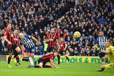 Brighton's Dutch midfielder Aaron Mooy (2R) scores his team's second goal during the English Premier League football match between Brighton and Bournemouth at the American Express Community Stadium in Brighton, southern England on December 28, 2019. RESTRICTED TO EDITORIAL USE. No use with unauthorized audio, video, data, fixture lists, club/league logos or 'live' services. Online in-match use limited to 120 images. An additional 40 images may be used in extra time. No video emulation. Social media in-match use limited to 120 images. An additional 40 images may be used in extra time. No use in betting publications, games or single club/league/player publications.
 / AFP / Glyn KIRK                   / RESTRICTED TO EDITORIAL USE. No use with unauthorized audio, video, data, fixture lists, club/league logos or 'live' services. Online in-match use limited to 120 images. An additional 40 images may be used in extra time. No video emulation. Social media in-match use limited to 120 images. An additional 40 images may be used in extra time. No use in betting publications, games or single club/league/player publications.
