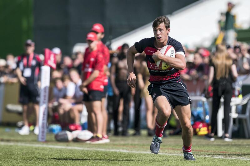 DUBAI, UNITED ARAB EMIRATES - DECEMBER 1, 2018. 

DUBAI COLLEGE A, wins against DUBAI COLLEGE B, in GULF UNDER 19 category on the final day of this year's Dubai Rugby Sevens.

(Photo by Reem Mohammed/The National)

Reporter: 
Section:  NA  SP