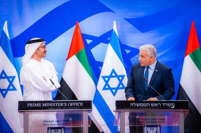 Sheikh Abdullah bin Zayed, Minister of Foreign Affairs and International Co-operation, with Israeli Prime Minister Yair Lapid during a visit to mark the second anniversary of the Abraham Accords. Wam