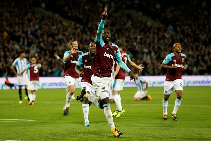 Soccer Football - Premier League - West Ham United vs Huddersfield Town - London, Britain - September 11, 2017   West Ham United's Pedro Obiang celebrates scoring their first goal    REUTERS/David Klein    EDITORIAL USE ONLY. No use with unauthorized audio, video, data, fixture lists, club/league logos or "live" services. Online in-match use limited to 45 images, no video emulation. No use in betting, games or single club/league/player publications. Please contact your account representative for further details.     TPX IMAGES OF THE DAY