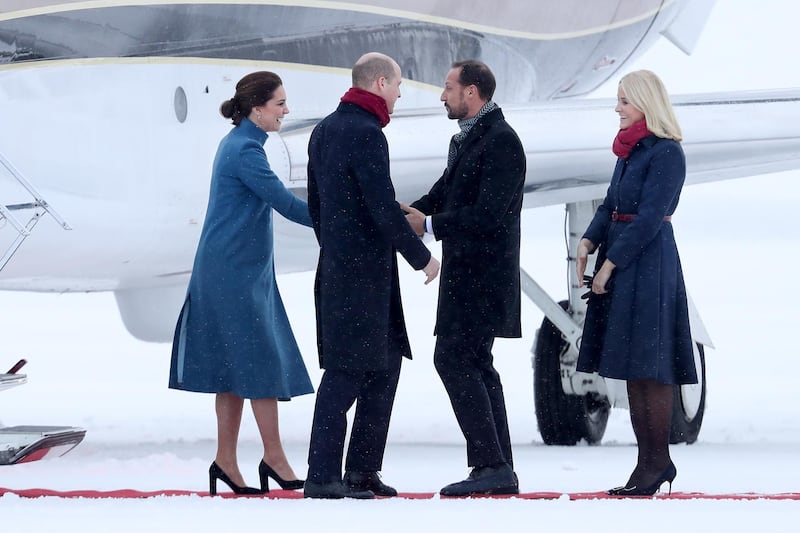 Prince William, Duke of Cambridge and Catherine, Duchess of Cambridge are greeted by Crown Prince Haakon and Crown Princess Mette-Marit of Norway. Chris Jackson / Getty Images