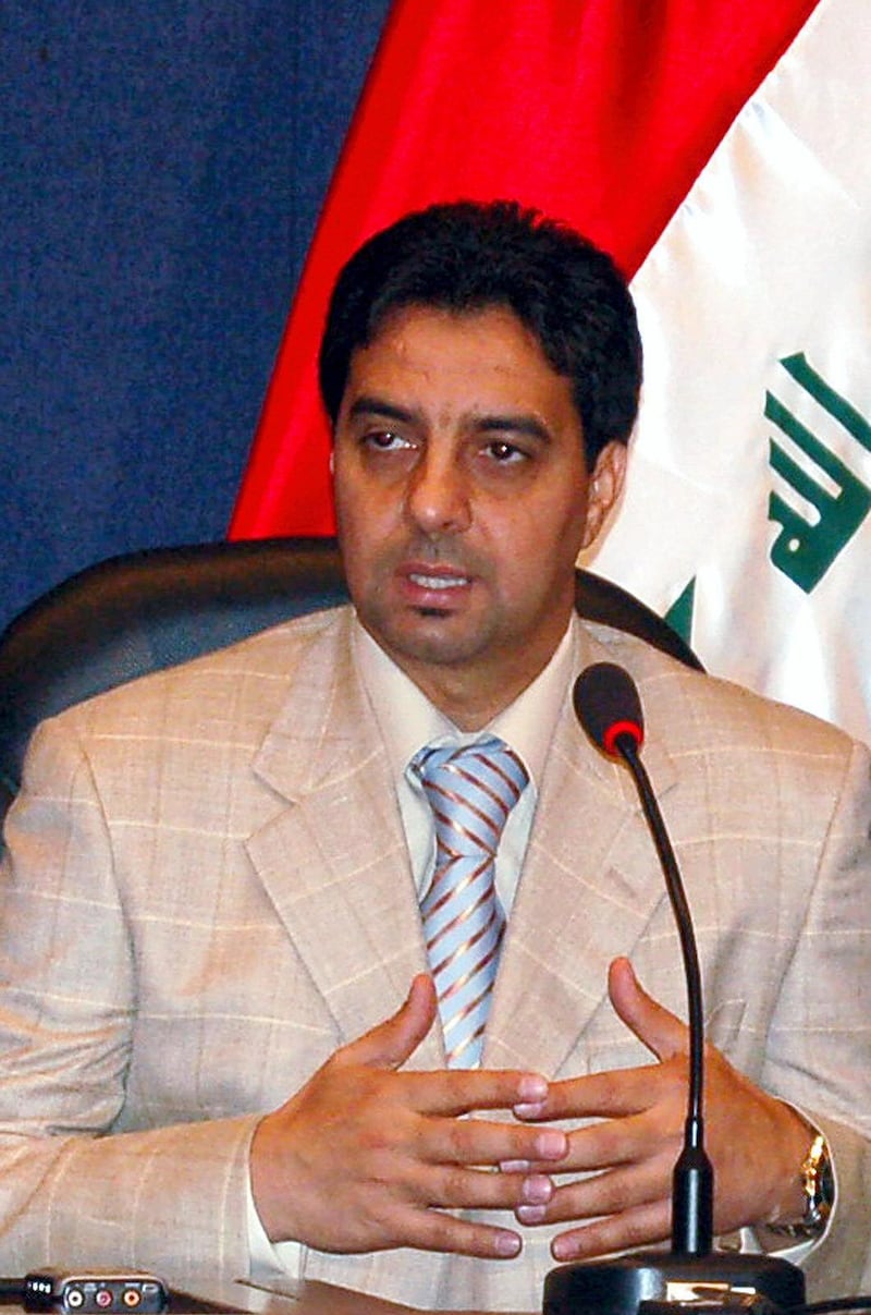 Iraqi former footballer and new member of the parliament Ahmed Radhi speaks  during his swearing in ceremony in Baghdad, 08 October 2007. Iraq's most famous footballer was sworn in today as a member of parliament, replacing a Sunni lawmaker who left politics to join the insurgency. "I will work for all Iraqis and not for a particular side," said Ahmed Radhi, the scorer of Iraq's only World Cup finals goal to date, against Belgium in 1986. Radhi will fill the vacancy left by the ejection of Abid-Nasir al-Janabi, a member of parliament's Sunni bloc, the National Concord Front, who appeared on television in June and announced his intention to become an insurgent.  AFP PHOTO/HO  -- RESTRICTED TO EDITORIAL USE -- (Photo by HO / AFP)
