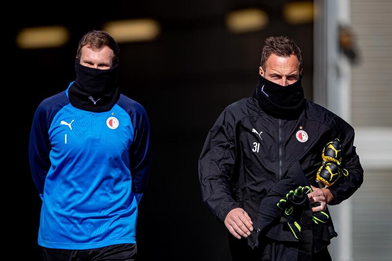 Slavia Prague shows goalkeepers Ondrej Kolar, left, and Premysl Kovar during training. EPA