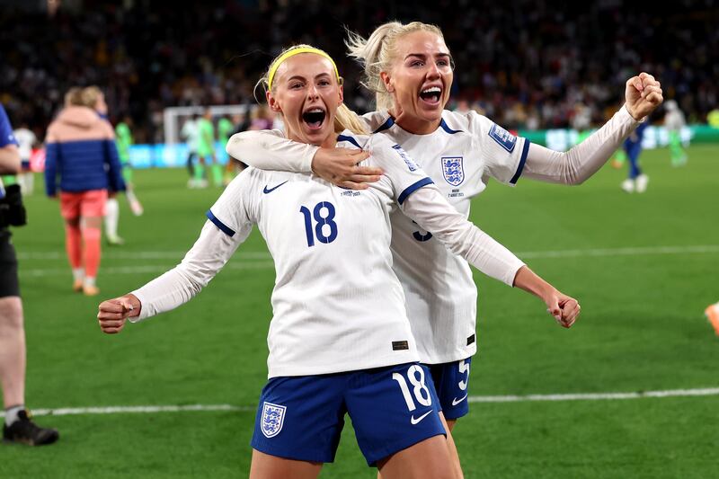 England's Chloe Kelly, left, and Alex Greenwood celebrate victory over Nigeria at the Women's World Cup. PA
