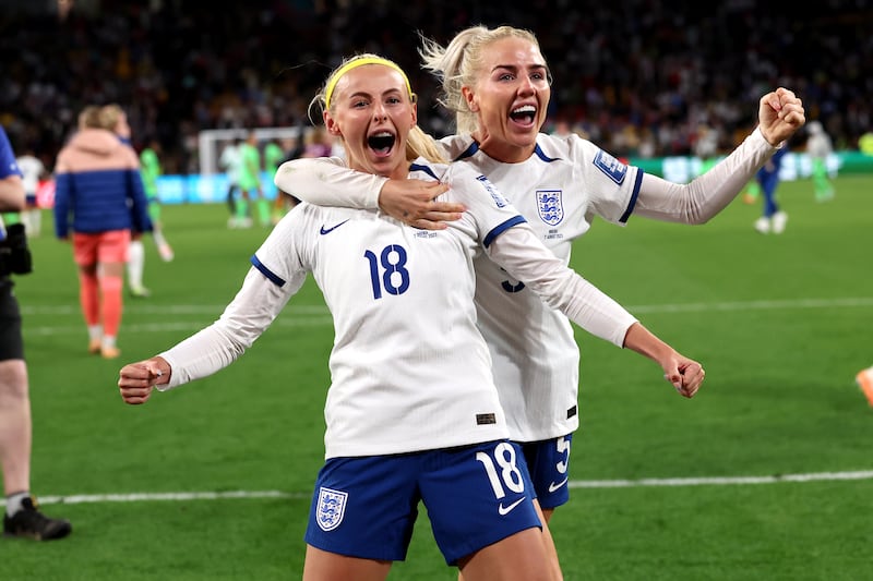 England's Chloe Kelly, left, and Alex Greenwood celebrate victory over Nigeria at the Women's World Cup. PA