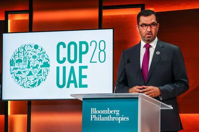 Cop28 President-designate Dr Sultan Al Jaber speaks during the second Earthshot Prize Innovation Summit in partnership with Bloomberg Philanthropies. AFP