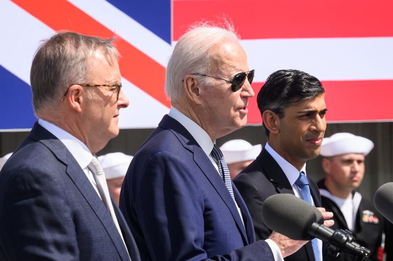 From left, Prime Minister of Australia Anthony Albanese, US President Joe Biden and UK Prime Minister Rishi Sunak, whose countries form the Aukus alliance. PA