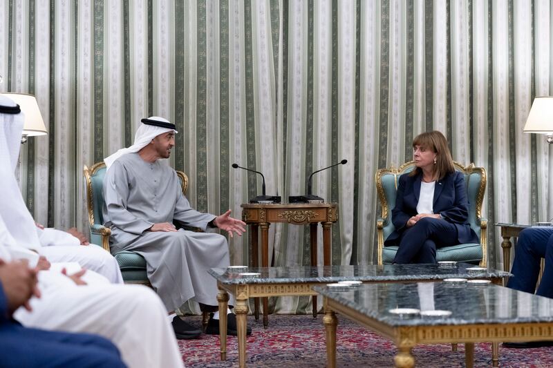 President Sheikh Mohamed meets Ms Sakellaropoulou.