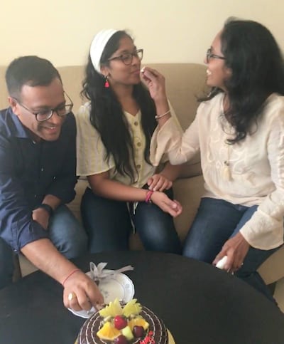 Delhi Private School pupil Shriya Kunkumalla, who scored 98.2 per cent in humanities, celebrates with her family. Courtesy: Shriya Kunkumalla
