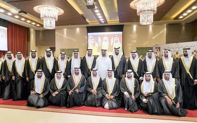 ABU DHABI, UNITED ARAB EMIRATES -  February 14, 2018: HH Sheikh Mohamed bin Zayed Al Nahyan, Crown Prince of Abu Dhabi and Deputy Supreme Commander of the UAE Armed Forces (2nd row 6th R), stands for a photograph during a Baharna mass wedding reception, at Park Rotana.

( Rashed Al Mansoori / Crown Prince Court - Abu Dhabi )
---