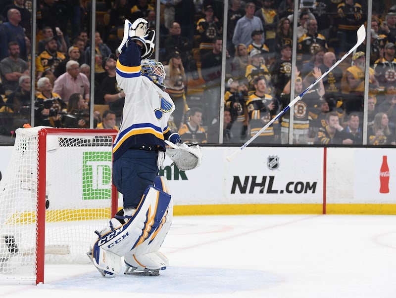 St. Louis Blues goaltender Jordan Binnington (50) celebrates after defeating the St. Louis Blues in game seven of the 2019 Stanley Cup Final at TD Garden. USA TODAY Sports