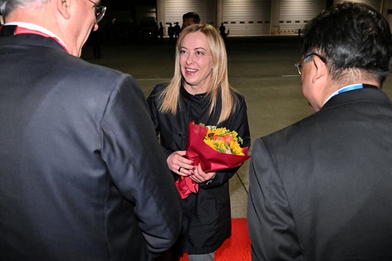 Italy's Prime Minister Giorgia Meloni arrives in Hiroshima. Reuters