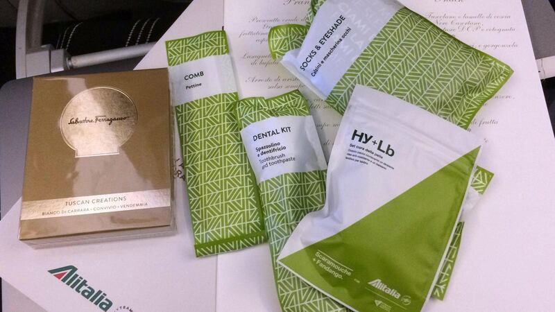 Products provided to passengers on the flight. Sofia Barbarani/The National