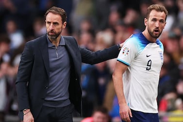 LONDON, ENGLAND - MARCH 26: Gareth Southgate, Manager of England interacts with Harry Kane of England after being substituted off during the UEFA EURO 2024 qualifying round group C match between England and Ukraine at Wembley Stadium on March 26, 2023 in London, England. (Photo by Ryan Pierse / Getty Images)