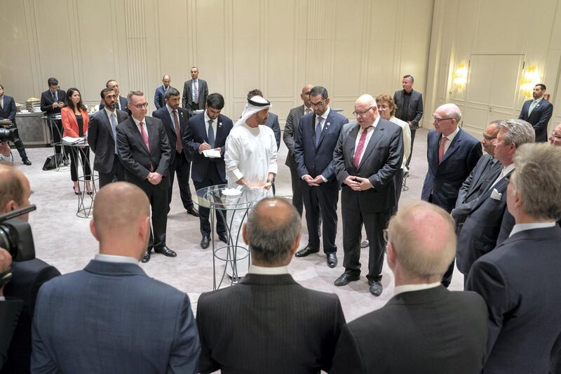 BERLIN, GERMANY - June 12, 2019: HH Sheikh Mohamed bin Zayed Al Nahyan, Crown Prince of Abu Dhabi and Deputy Supreme Commander of the UAE Armed Forces (C), meets with representatives of German companies from various sectors, in Berlin. Seen with HE Mohamed Mubarak Al Mazrouei, Undersecretary of the Crown Prince Court of Abu Dhabi, HH Sheikh Abdullah bin Zayed Al Nahyan, UAE Minister of Foreign Affairs and International Cooperation, HE Dr Sultan Ahmed Al Jaber, UAE Minister of State, Chairman of Masdar and CEO of ADNOC Group and HE Peter Altmaier, Minister for Economic Affairs and Energy of Germany.

( Mohamed Al Hammadi / Ministry of Presidential Affairs )
---