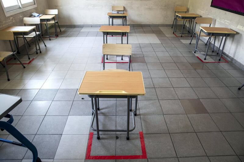 DUBAI, UNITED ARAB EMIRATES. 08 SEPTEMBER 2020.  Affordable schools in Dubai. The Gulf Model School where fees range from Dh350-Dh650 per month located in Al Muhaisinah 4. Markers on the floors indicate the social distancing for the pupils desks. (Photo: Antonie Robertson/The National) Journalist: Anam Rizvi. Section: National.