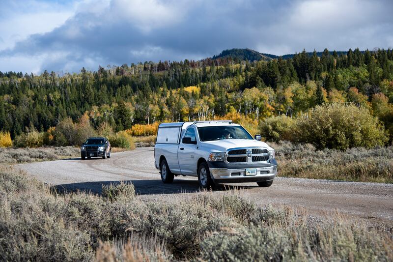 A Teton County coroner's vehicle transports a body believed to be Gabby Petito from the Spread Creek camping area, Wyoming. AP