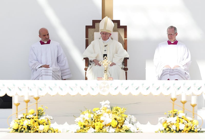 Abu Dhabi, United Arab Emirates - February 05, 2019: Pope Francis takes a large public mass to mark his land mark visit to the UAE. Tuesday the 5th of February 2019 at Zayed Sports city stadium, Abu Dhabi. Chris Whiteoak / The National