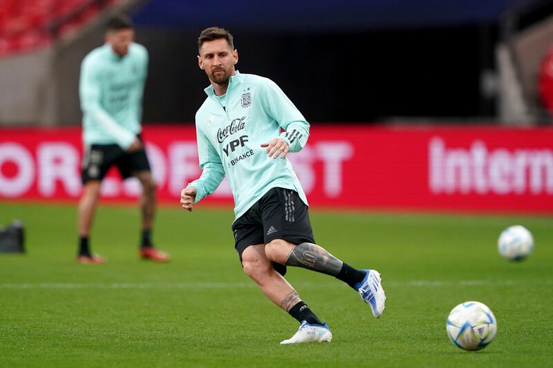 Lionel Messi takes part in an Argentina training session at Wembley Stadium, London, Tuesday May 31, 2022.  AP