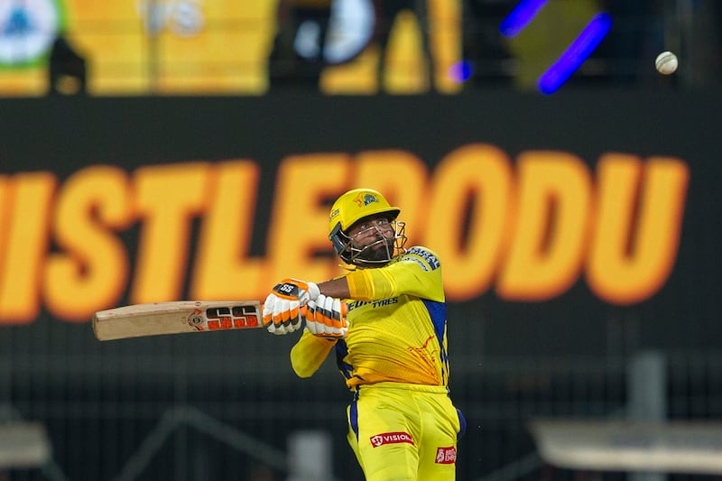 Chennai Super Kings' Ravindra Jadeja hits out during the Indian Premier League opening game against Royal Challengers Bengaluru at MA Chidambaram Stadium in Chennai on Friday, March 22, 2024. Jadeja made 25 off 17 balls as his side won by six wickets. AP 