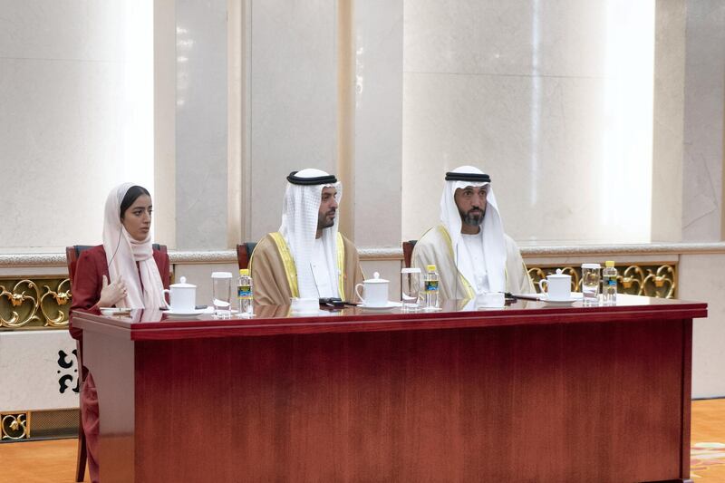 BEIJING, CHINA - July 22, 2018: (L-R) HH Sheikha Hassa bint Mohamed bin Hamad bin Tahnoon Al Nahyan, HH Sheikh Mohamed bin Hamad bin Tahnoon Al Nahyan and HE Mohamed Mubarak Al Mazrouei, Undersecretary of the Crown Prince Court of Abu Dhabi attend a meeting with HE Li Keqiang, Premier of the State Council of China (not shown), at the Great Hall of the People.

( Rashed Al Mansoori / Ministry of Presidential Affairs )
---