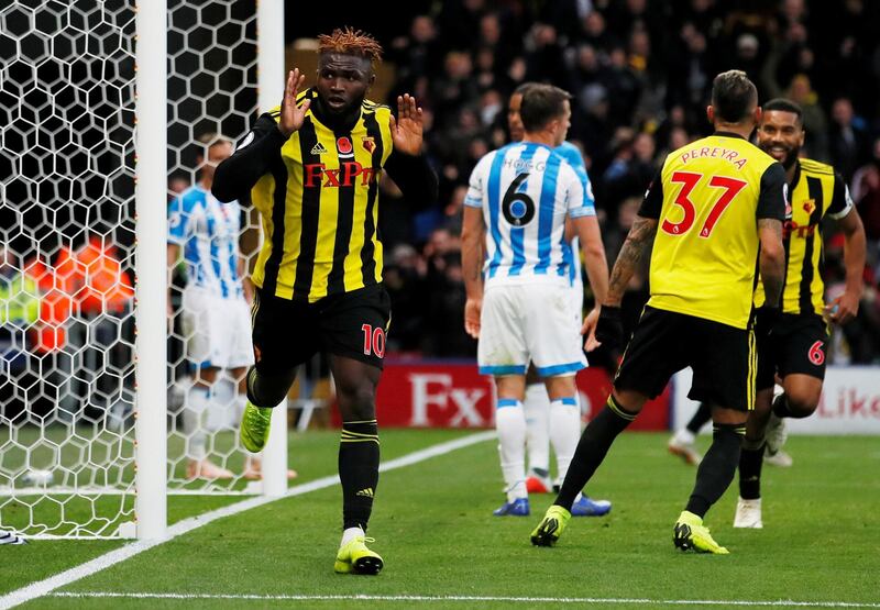 Soccer Football - Premier League - Watford v Huddersfield Town - Vicarage Road, Watford, Britain - October 27, 2018  Watford's Isaac Success celebrates scoring their third goal                  REUTERS/David Klein  EDITORIAL USE ONLY. No use with unauthorized audio, video, data, fixture lists, club/league logos or "live" services. Online in-match use limited to 75 images, no video emulation. No use in betting, games or single club/league/player publications.  Please contact your account representative for further details.