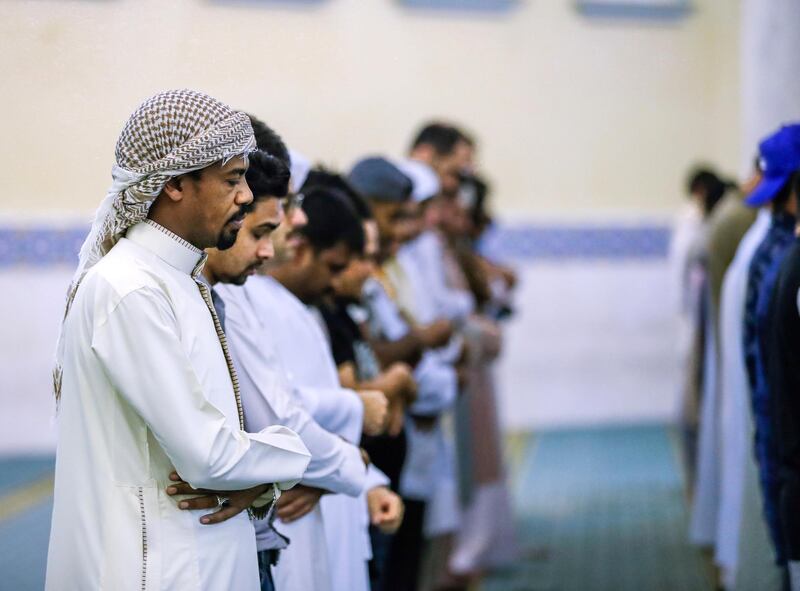 Abu Dhabi, U.A.E., August 21 , 2018.  Early morning prayers at the Masjid Bani Hashim mosque.  
Victor Besa / The National
Section:  NA
Reporter:  Haneen Dajani