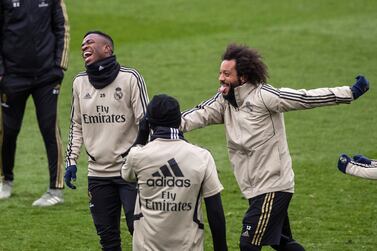 epa08146973 Real Madrid's Marcelo (R) and Vinicius (L) attend a training session at Valdebebas sport city in Madrid, Spain, 21 January 2020. Real Madrid will be facing Unionistas de Salamanca in a King's Cup round of 32 match on 22 January 2020. EPA/Rodrigo Jimenez