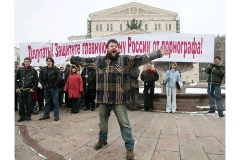 Members of the Marching Together pro-Kremlin political movement protest against the staging of the controversial opera Rosenthal's Children, written by Vladimir Sorokin, in Moscow in 2005.