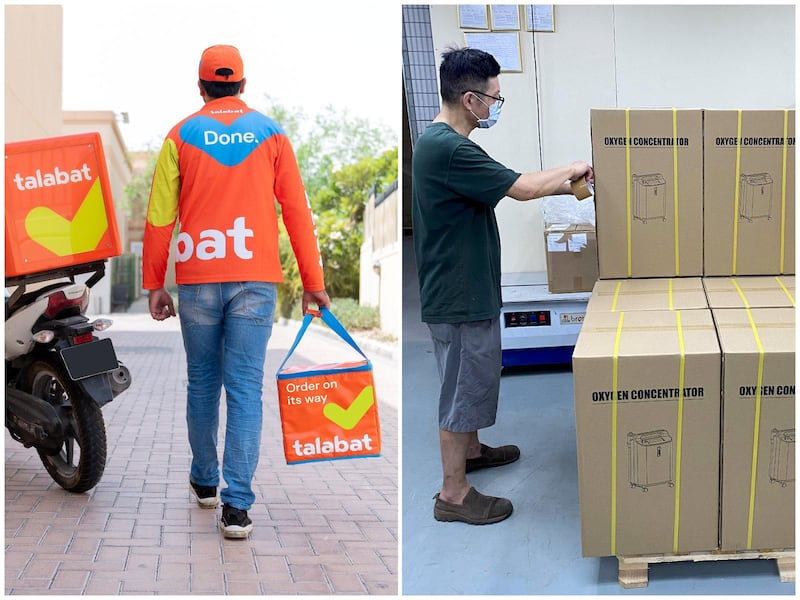 From left: Talabat has launched #IftarforIndia; A Jacky's Electronics worker packs oxygen concentrators in Hong Kong, for India. Courtesy Talabat; Jacky's Electronics