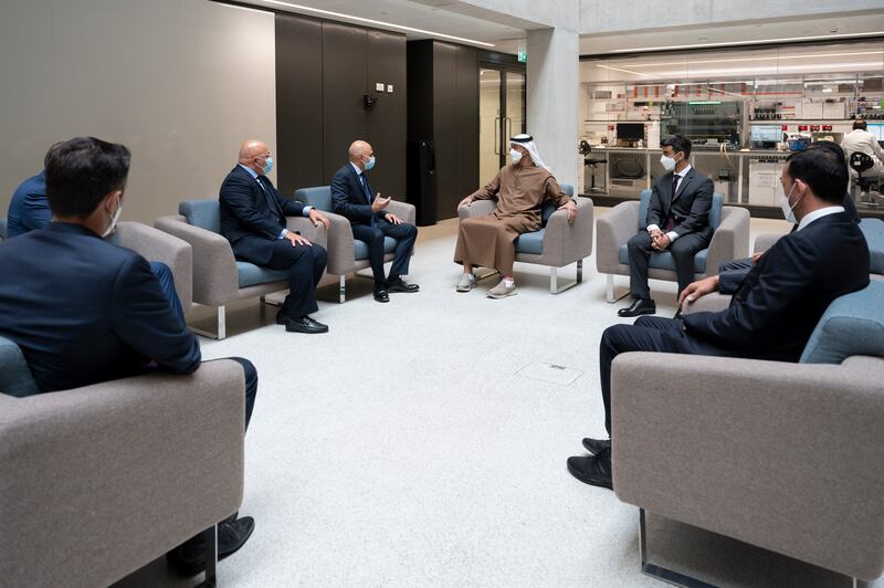 Sheikh Mohamed and Sheikh Hamdan hold a meeting with Mr Javid, the former UK health secretary, at the centre.