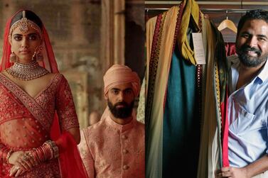 Sabyasachi Mukherjee, right, is particularly known for his ornate traditional wear, left. Photos: Supplied / The National 