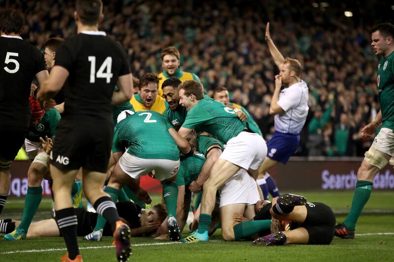 DUBLIN, IRELAND - NOVEMBER 17: Ireland celebrate a try to  Jacob Stockdale during the International Friendly match between the New Zealand All Blacks and Ireland on November 17, 2018 in Dublin, Ireland.  (Photo by Phil Walter/Getty Images)