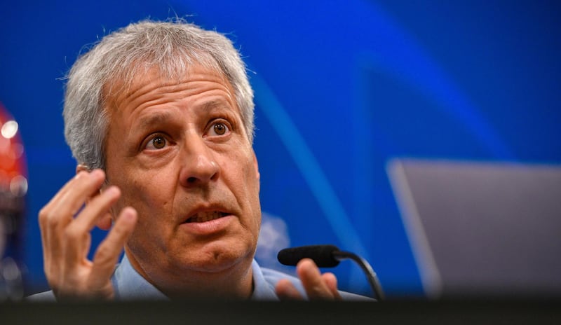 Dortmund's Swiss coach Lucien Favre is pictured during a press conference in Dortmund, western Germany, on September 16, 2019 on the eve of the UEFA Champions League Group F football match between Borussia Dortmund and Barcelona. / AFP / SASCHA SCHUERMANN

