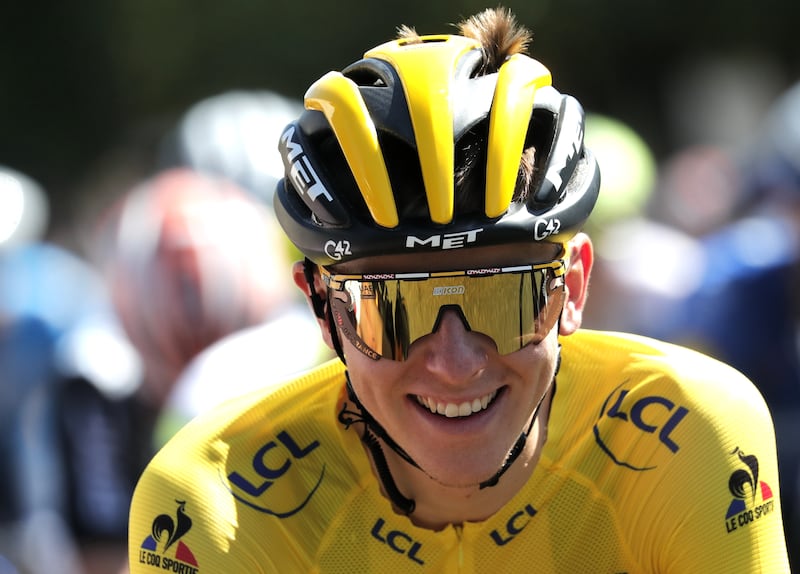 Slovenian rider Tadej Pogacar of UAE Team Emirates wearing the overall leader's yellow jersey during the 21st stage of the Tour de France in Paris on Sunday.
