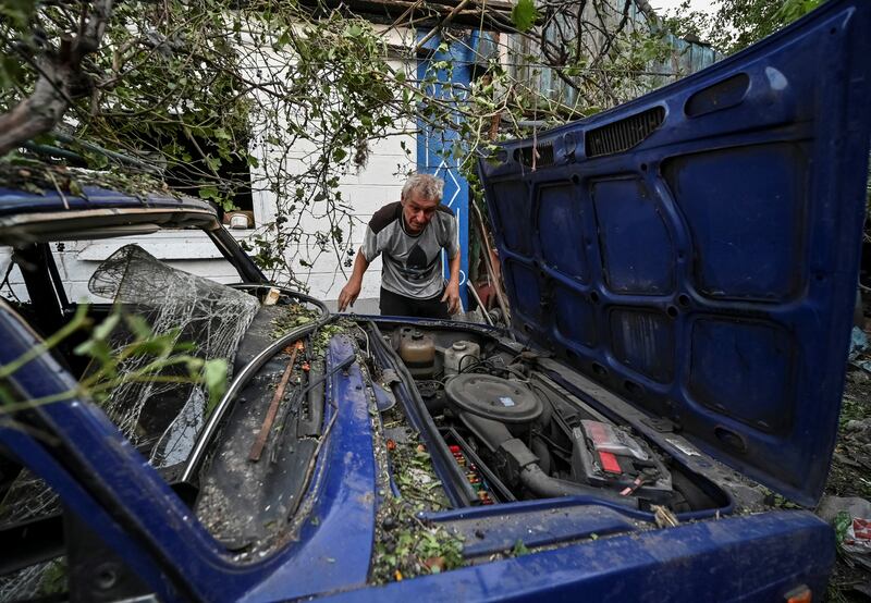 A car damaged by a Russian military strike, in Chaplyne. Reuters