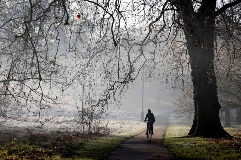 A cyclist rides in a frost-covered Hyde Park in London in January. AFP