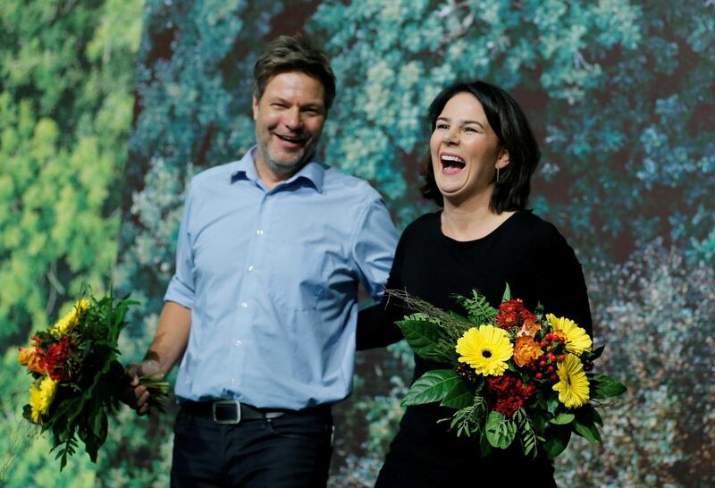 FILE PHOTO: Leaders of Germany's Green Party Robert Habeck and Annalena Baerbock are seen after being re-elected as party leaders during the delegates' conference in Bielefeld, Germany November 16, 2019. REUTERS/Leon Kuegeler/File Photo