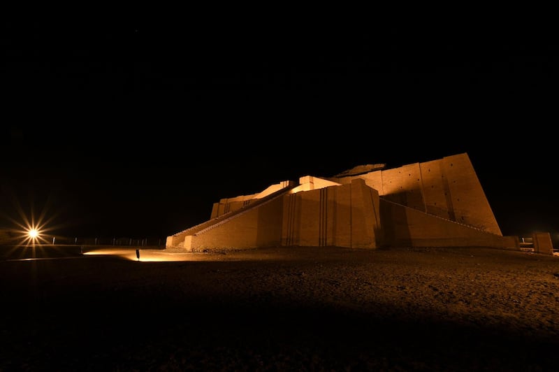 The Great Ziggurat of Ur in the southern Iraqi province of Dhi Qar is illuminated before the visit of Pope Francis to the country. AFP