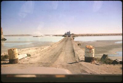 A driver's view of the old causeway in 1963, leaving Abu Dhabi for the long journey to Dubai or Al Ain