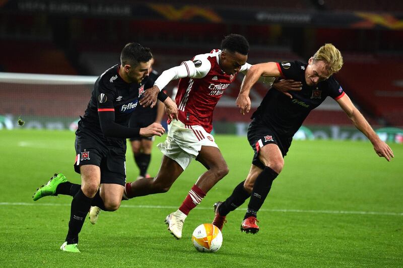 Arsenal's English midfielder Joe Willock tries to break through during the Europa League match against Dundalk. AFP